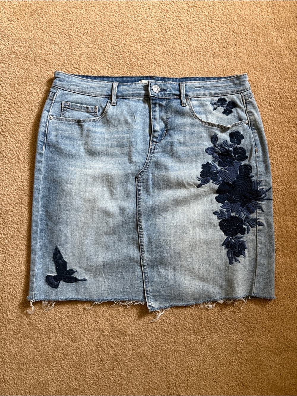 Vintage America Light Blue Denim Mini Skirt with Navy Floral Appliqué
